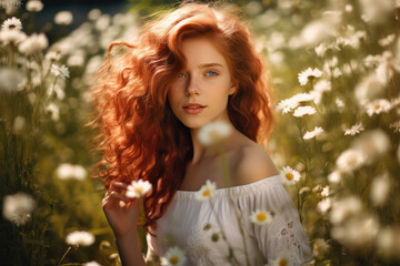 Beautiful young girl with curly red hair in chamomile field