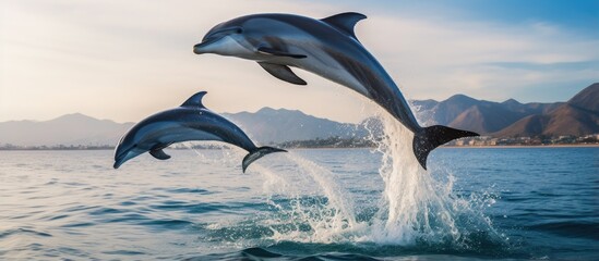 Dolphins frolic near Dana Point California in the ocean With copyspace for text - obrazy, fototapety, plakaty