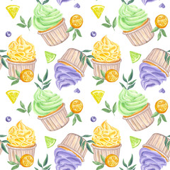 Seamless pattern cupcakes muffins multicolored sweet whipped cream. Lemon, lime, kumquat, blueberry, leaf. Hand drawn watercolor illustration isolated white background. Rainbow collection