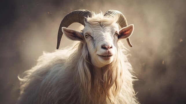 Close-up of an amazing male goat with textured background and space for text, background image, AI generated