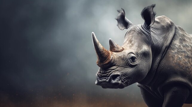 Close-up of an amazing male rhino with textured background and space for text, AI generated
