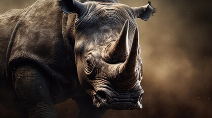 Close-up of an angry male rhino with textured background and space for text, background image, AI generated - obrazy, fototapety, plakaty