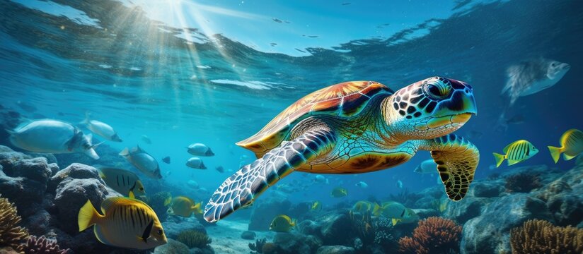 Underwater picture of a sea turtle swimming with fish With copyspace for text