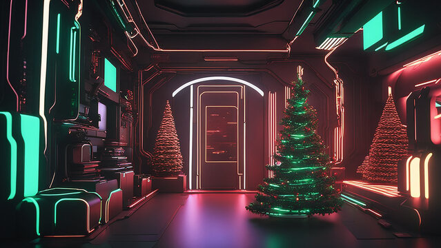Cyberpunk Christmas 3D illustration of beautiful science fiction,