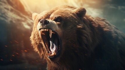 Close-up of awesome roaring bear with textured background and space for text, background image, AI generated - obrazy, fototapety, plakaty