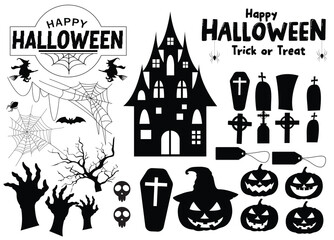 Halloween silhouette vector set design. Happy halloween text and trick or treat greeting with black shadow horror decoration elements. Vector illustration creepy, spooky and scary silhouette 