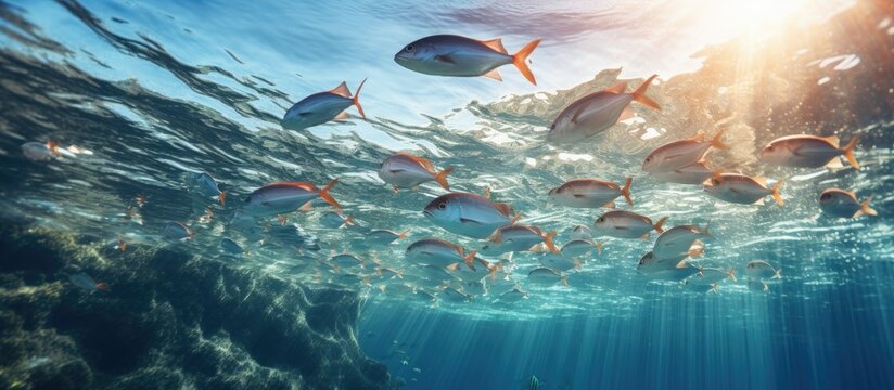 Sunlight filters through the water illuminating fish in the Mediterranean sea near Ibiza Spain With copyspace for text