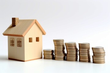 House model and coins stacks on white background. Real estate investment and saving concept.
