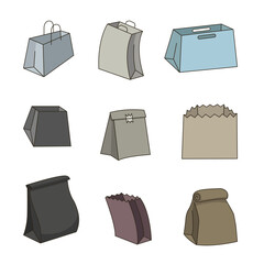 Paper bag. Food product box package. Vector drawing. Collection of design elements.