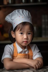 Cute asian little girl wearing chef hat and apron in the kitchen