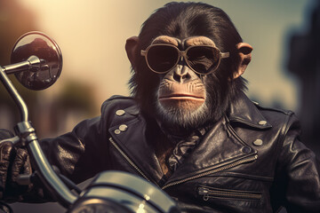Image of cool chimpanz monkey wearing sunglasses is riding a chopper motorcycle. Animal., Illustration, Generative AI.