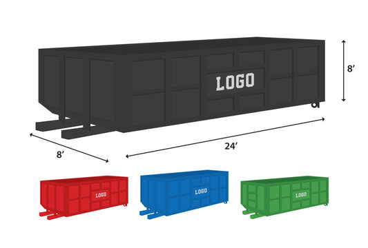 Dumpster vector illustration. Four different-sized isolated containers, black, red, blue, and green colored.