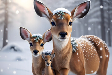 Doe and fawns in a serene winter landscape, a heartwarming elegant tableau