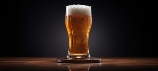 Beer glass that is on a wooden with black background.