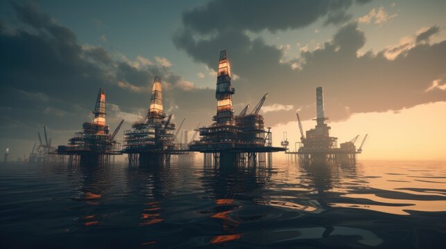 Offshore Jack Up Oil Rig in The Middle of The Sea at Sunset Time.