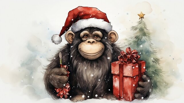 Cute monkey with red present. watercolor holiday postcard