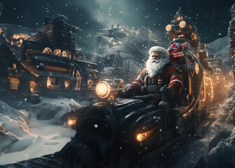 Cyber Santa delivers on a cold planet deep in space. Cyberpunk Santa delivers toys for future Christmas. 