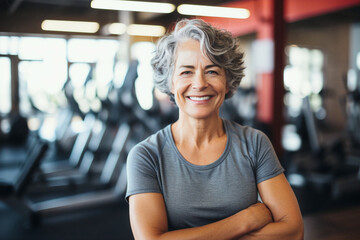older fit woman smiling with folded arms at gym in candid portrait

 - obrazy, fototapety, plakaty