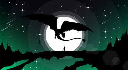 samurai girl anime wallpaper. samurai girl versus dragon illustration. landscape fantasy wallpaper. female samurai holding sword to attack.  © riansa28