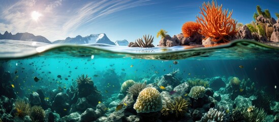 Fototapeta na wymiar Thriving coral reefs in pristine Indonesian waters With copyspace for text