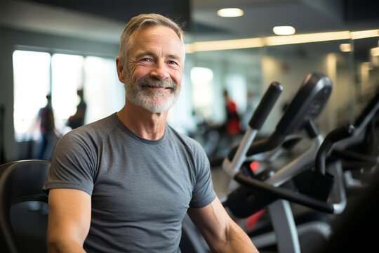 Older Fit Man With Gray Beard Smiling At Gym In Candid Portrait

