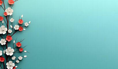 Light turquoise background with floral 3D decoration. Tree branch with red and white flowers.