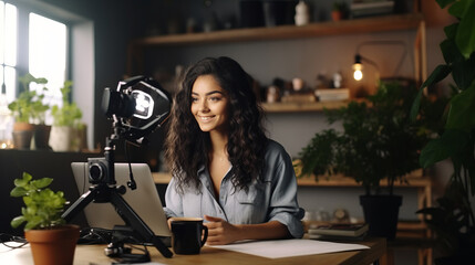A young female influencer records a video to share on social media, capturing what she is up to and setting the trends for the year ahead. content creator