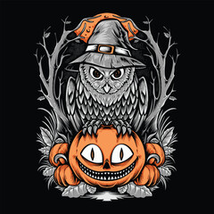 witch owl with pumpkins head illustration