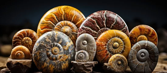Deurstickers Ammonite mollusks fossilized shells With copyspace for text © 2rogan