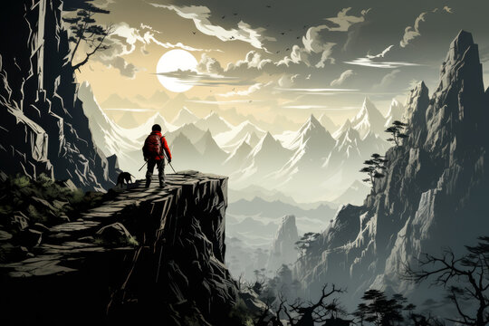 grayscale minimalist storyboard animatic style of a climbing, sports illustrations