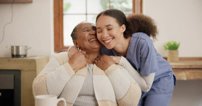 Happy, woman and caregiver hug patient in home for care, nursing support or medical help in retirement. Nurse, trust and embrace lady with smile of kindness, healthcare service or empathy in homecare