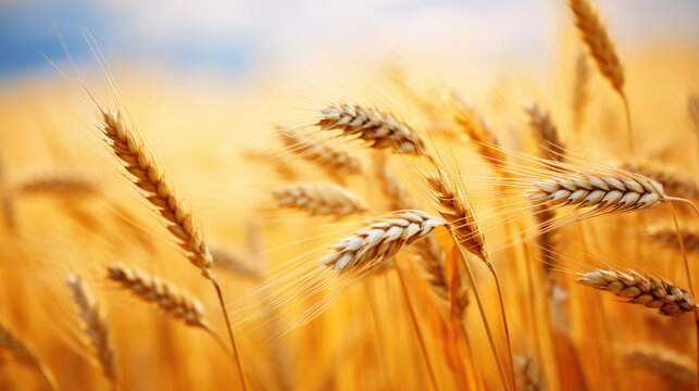 Close-up image of wheat stalks growing in a golden field ready to be harvested