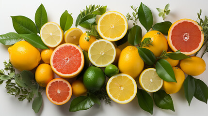 Various citrus fruits, lemon, lime, grapefruit and orange in both half and full fruit with leaves.