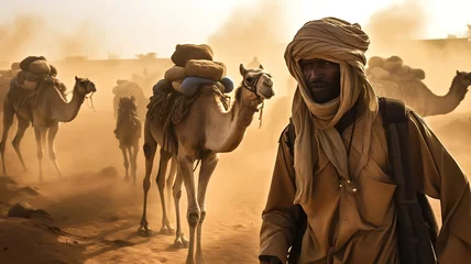 Fotobehang arab man in desert with camels © Scheidle-Design