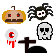 Simple vector Halloween set. pumpkin, skull, spider, eye ball and tomb.