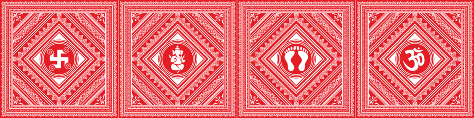 Aipan art traditional folk art, Maa laxmi footprint, om swastika and ganesh graphic with mandala pattern Design, Aipan art with Ganesh swastika om and Lakshmi