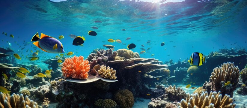 Exploring ocean life and ecosystem through snorkeling and photography of tropical fish coral reef and marine wildlife With copyspace for text