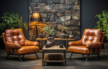 In a contemporary setting, leather chairs and a sofa.