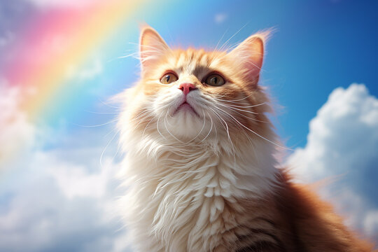 Generative AI Image of Cute Persian Cat with Rainbow on Bright Blue Sky Background