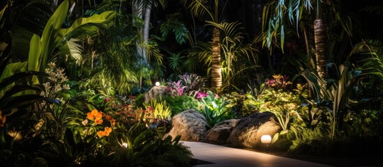 Nighttime tropical garden with illuminated plants With copyspace for text