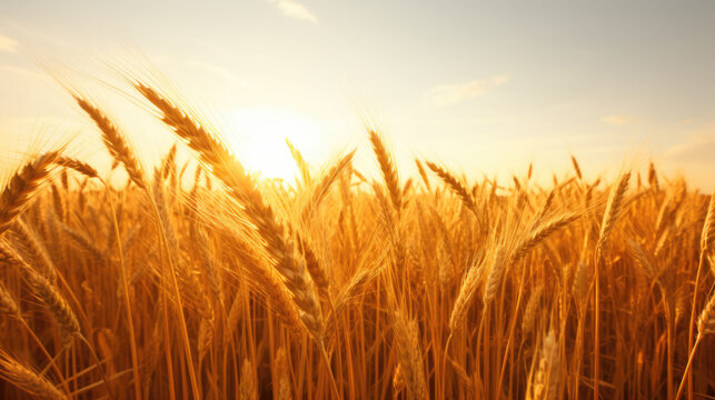 Close-up image of wheat stalks growing in a golden field with the sun peaking through