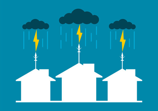 Lightning rod on top roof of building house with thunder cloud rainstorm on blue background flat vector design
