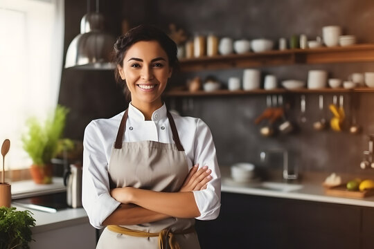 Portrait of beautiful female chef in uniform standing on modern kitchen restaurant, crossing arms and looking at camera