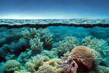 Naklejka na ściany i meble A coral ecosystem in decline, showing coral bleaching due to rising water temperatures.