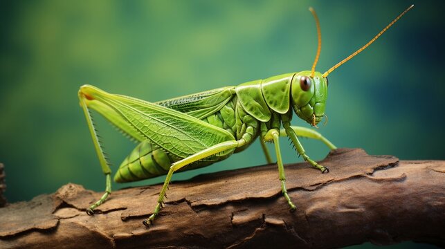 A vibrant green grasshopper on a textured leaf with space for text, background image, AI generated