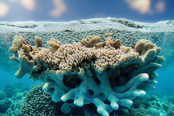 A coral ecosystem in decline, showing coral bleaching due to rising water temperatures. - obrazy, fototapety, plakaty