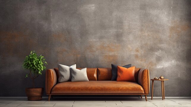 beautiful modern sofa with space for text and textured wall background, background image, AI generated