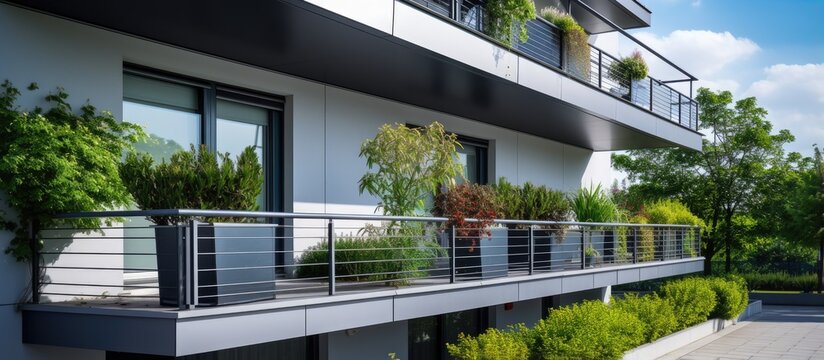 Contemporary metal balcony outside a modern home With copyspace for text