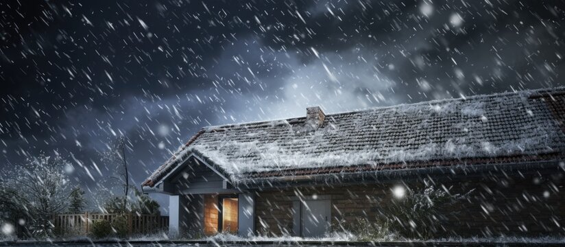 Hailstorm causes roof to be covered in hail With copyspace for text