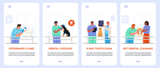 Veterinary, Dentistry, Healthcare checkup Pet. Template banner mobile app set. Dental Care, X-ray, brush teeth treatment domestic animals. Flat vector illustration page UI design